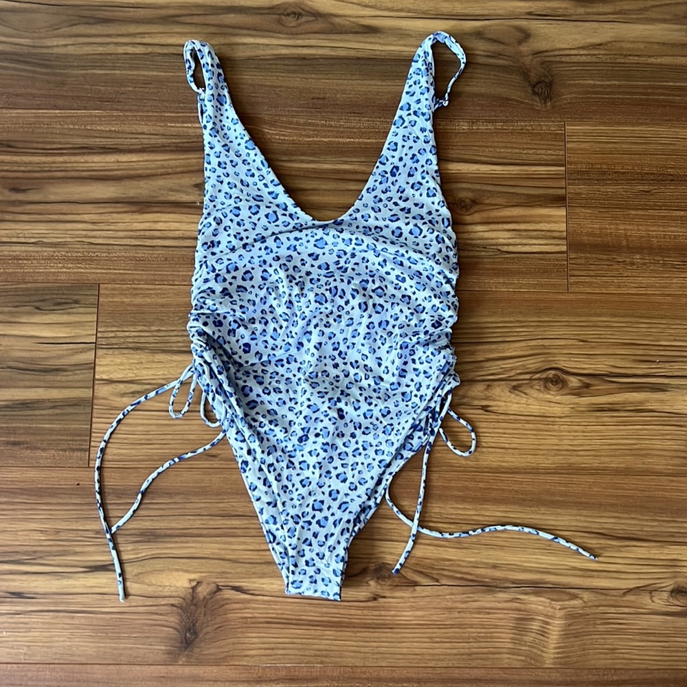 Blue Leopard Print One-Piece Swimsuit with Side Drawstrings
